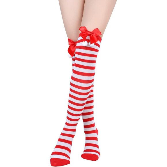 Accessories - Womens Knee High Socks Long White Red Striped&red Ball